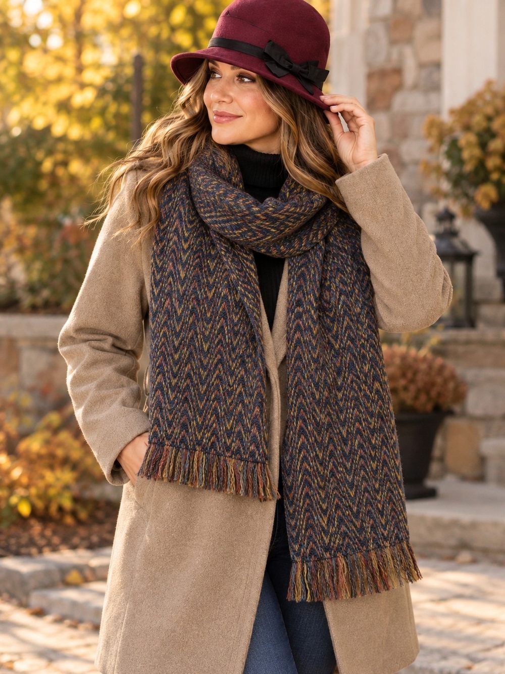 Irish Wool Chevron Scarf Multicolor Fringe Fall Cozy Artisan